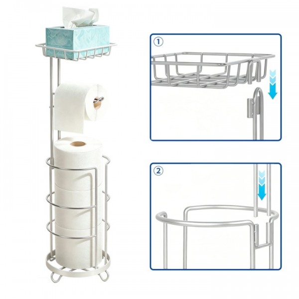 stusgo Free Standing Toilet Paper Holder with Storage, Detachable Toilet Paper Roll Holder Stand with Shelf,Support at Four Corners, Silver