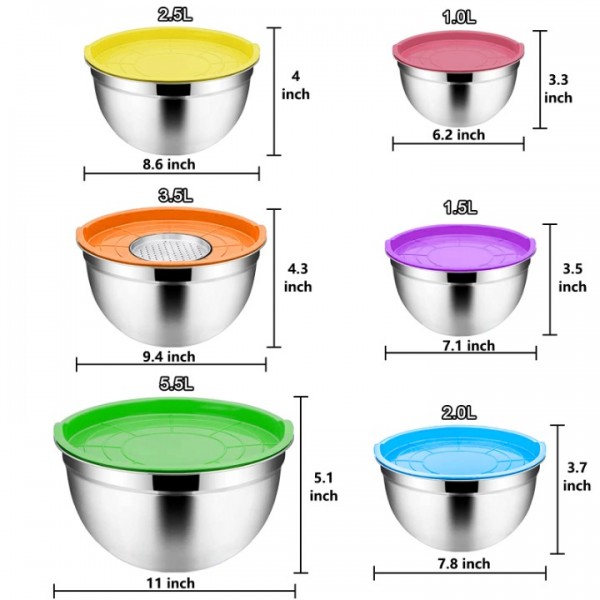 stusgo 6 Pcs Mixing Bowls with Lids,Stainless Steel Mixing Bowls with 3 Grater Attachments,Kitchen Utensils,Mixing Bowl Set for Kitchen Mixing Baking Prepping Cooking Serving,Colorful