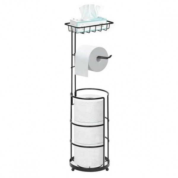stusgo Free Standing Toilet Paper Holder with Storage, Detachable Toilet Paper Roll Holder Stand with Shelf, Holds 4 Mega Rolls, Modern Bathroom Tissue Holder, Black