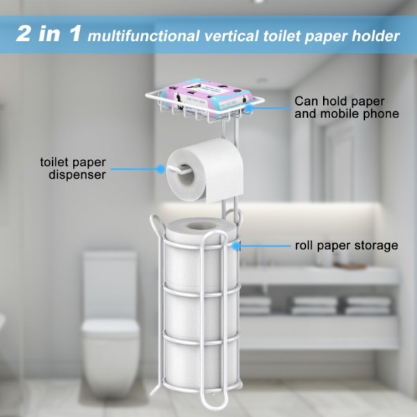 stusgo Upgraded Toilet Paper Holder Free Standing, Portable Stainless Steel Toilet Paper Roll Storage Rack, Toilet Paper Roll Dispenser with Top Storage Shelf for Bathroom (White)