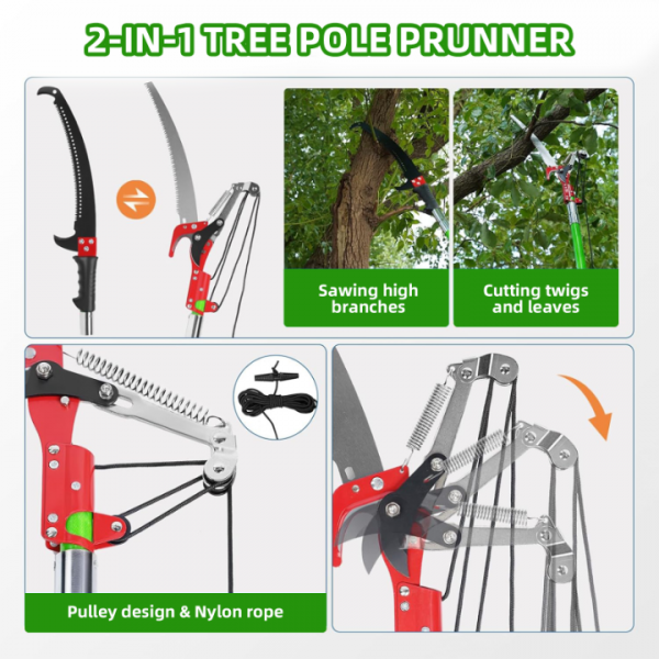 Pole Trimmer for Tree Trimming – 7.3–30 ft Long Tree Trimmer Pole Saw with Sharp Steel Blade and Pruner, Extendable Pole Saw with Lightweight 9 Fiberglass Handles, for Garden and High-Branch Cutting