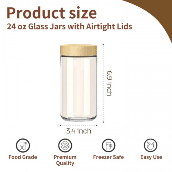 stusgo 6 Pack 24 Oz Glass Overnight Oats Containers with Bamboo Lids, Glass Overnight Oats Jars