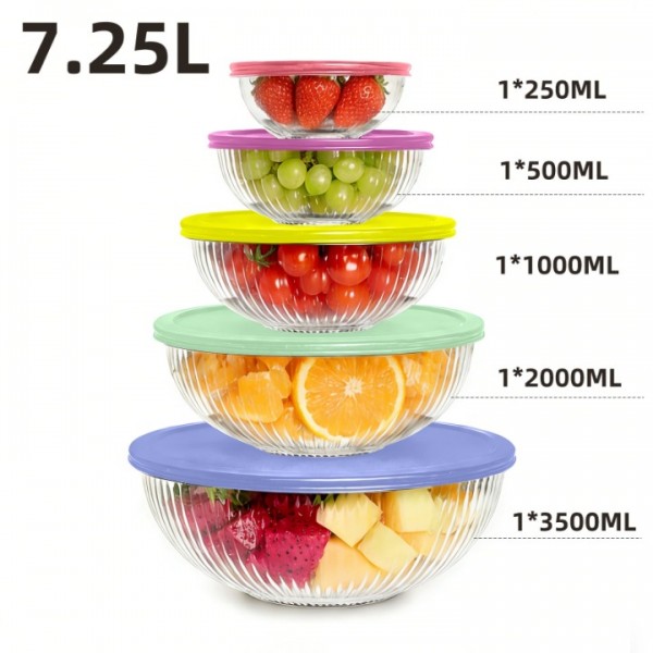 stusgo Large Glass Mixing Bowls with Lids Set, 5 pack( 0.25/0.5/1/2/3.5L) Glass Bowls with Plastic Lids for Baking,Meal Prepping and Salad, Dishwasher and Microwave Safe Serving Bowls(mix)