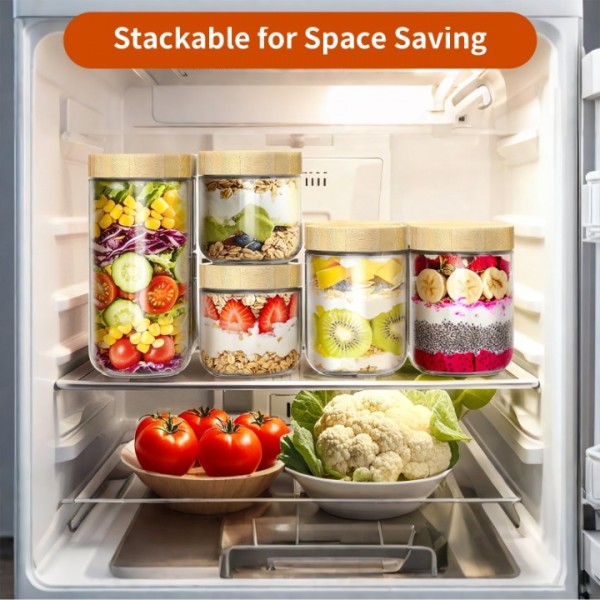 stusgo 6 Pack 24 Oz Glass Overnight Oats Containers with Bamboo Lids, Glass Overnight Oats Jars