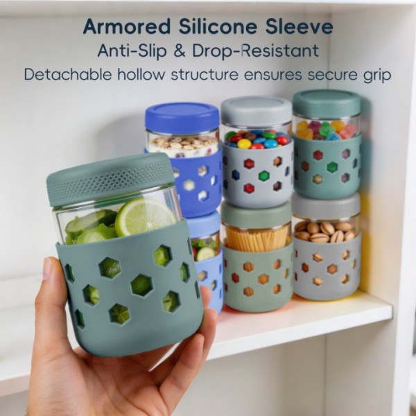 stusgo 6 Pack 16 Oz Glass Overnight Oats Containers with Lids and Silicone Sleeves, Glass Mason Jars