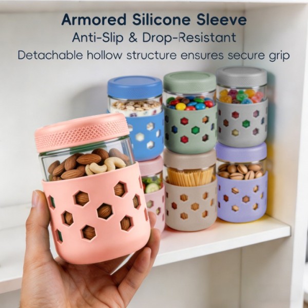 stusgo 6 Pack 16 Oz Glass Overnight Oats Containers with Lids and Silicone Sleeves, Glass Mason Jars