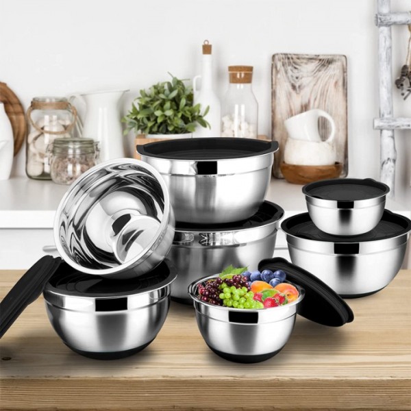 stusgo 6 Pcs Mixing Bowls with Lids,Stainless Steel Mixing Bowls,Black Non-Slip Bottoms,Including Kitchen Utensils,Mixing Bowl Set for Kitchen Mixing Baking Prepping Cooking Serving