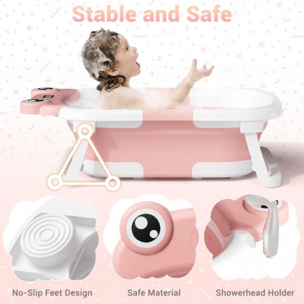 stusgo Collapsible Baby Bathtub, Plastic Frog Baby Bath Tub with Soft Cushion & Thermometer（Pink）