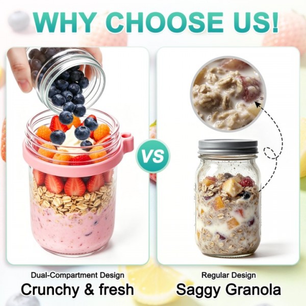 stusgo 2 Pack Glass Overnight Oats Containers with Lids & Spoons, 20oz Leakproof Meal Prep Jars for Yogurt, Granola, Salad, Portable & Dishwasher Safe