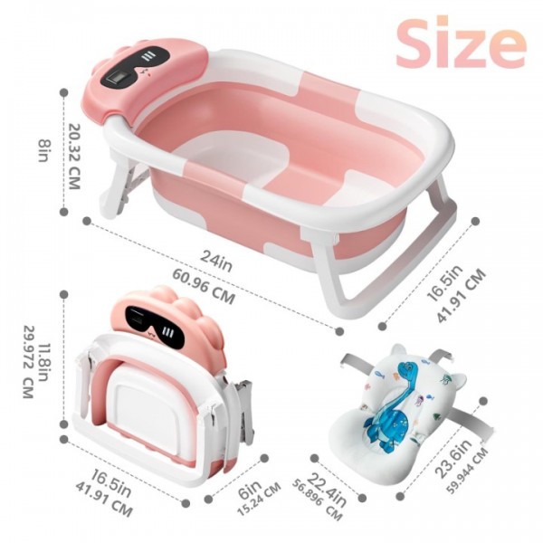 stusgo Collapsible Baby Bathtub, Plastic Dinosaur Baby Bath Tub with Soft Cushion & Thermometer（Pink）
