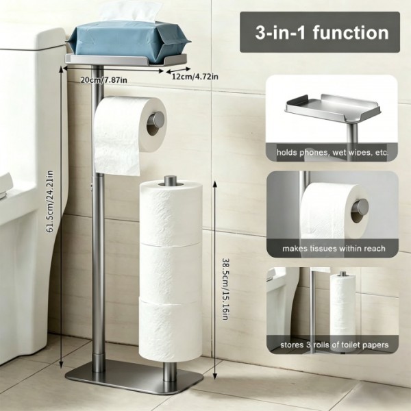 stusgo Silver Toilet Paper Holder Free Standing with Shelf, Freestanding Toilet Paper Holders with Storage & Phone Shelf, Modern Standing Toilet Paper Holder for Bathroom, Tissue Holder Stand