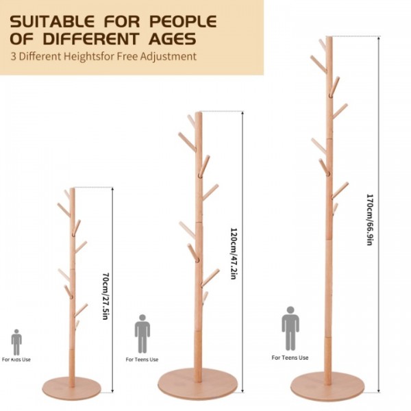 stusgo Coat Rack Freestanding,Wooden Coat Tree with 8 Hooks and 3 Adjustable Section Height （Round Base，Log）