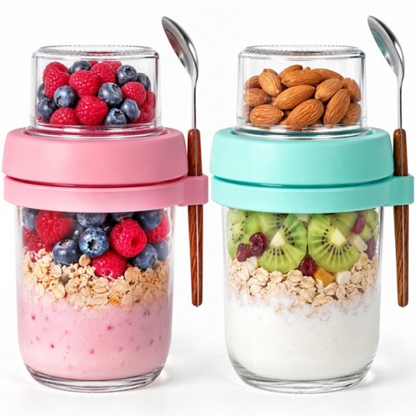 stusgo 2 Pack Glass Overnight Oats Containers with Lids & Spoons, 20oz Leakproof Meal Prep Jars for Yogurt, Granola, Salad, Portable & Dishwasher Safe