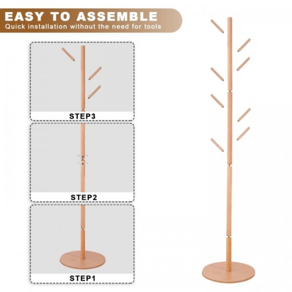 stusgo Coat Rack Freestanding,Wooden Coat Tree with 8 Hooks and 3 Adjustable Section Height （Round Base，Log）