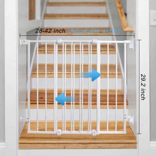 stusgo 28-42" No Bottom Bar Adjustable WidthBaby Gate for Babies, Elders and Pets, 2-in-1 Auto Close Dog Gate for The House, Stairs and Doorways, Safety Pet Gates with Large Walk Thru Door, White