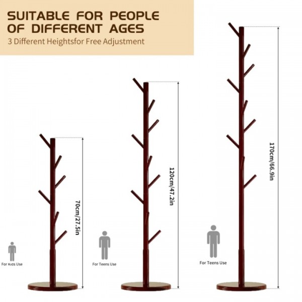 stusgo Coat Rack Freestanding,Wood Coat Tree with 8 Hooks and 3 Adjustable Section Height for Bedroom（Round Base，Dark Walnut）