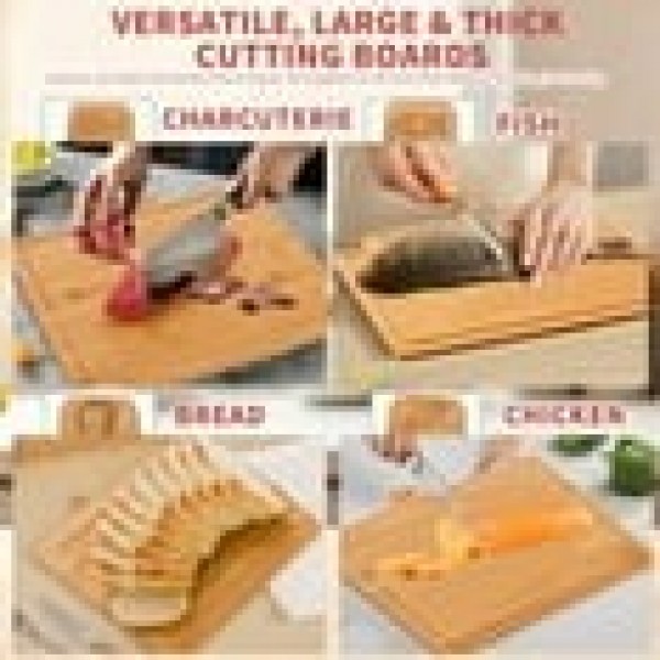stusgo Bamboo Cutting Board Set with Stand,32cm 4 piece Kitchen Chopping Boards with Juice Grooves