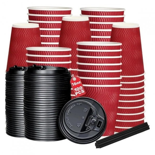 stusgo 16oz Paper Cups,100 Pcs Disposable Paper Coffee Cups with Lids,Hot Drinks, Cold Drinks, Juice Tea，Ideal for Home, Parties, Weddings（16oz，100 Pack，Red）