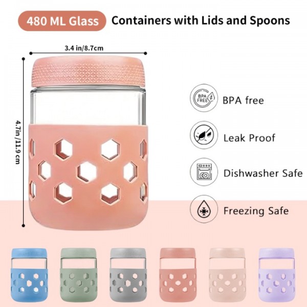 stusgo 6 Pack 16 Oz Glass Overnight Oats Containers with Lids and Silicone Sleeves, Glass Mason Jars