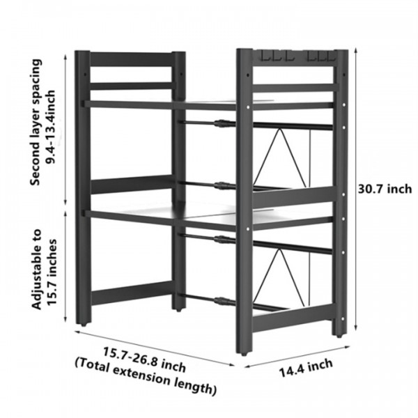 stusgo Extendable Microwave Shelf, Adjustable Toaster Oven Rack Kitchen Counter Top Organizer Stand, 3-Tier with 6 Hooks,110 lbs Weight Capacity, Black