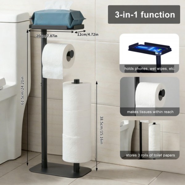 stusgo Black Toilet Paper Holder Free Standing with Shelf, Freestanding Toilet Paper Holders with Storage & Phone Shelf, Modern Standing Toilet Paper Holder for Bathroom, Tissue Holder Stand