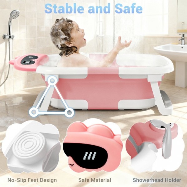stusgo Collapsible Baby Bathtub, Plastic Dinosaur Baby Bath Tub with Soft Cushion & Thermometer（Pink）