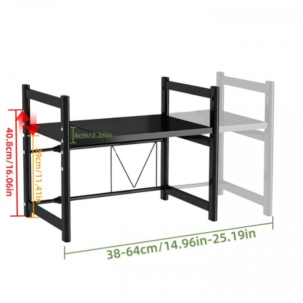 stusgo Microwave Oven Rack, Expandable Microwave Oven Stand, Adjustable 2-Tier Microwave Shelf with 6 Hooks, Carbon Steel Kitchen Storage Shelf for Countertop Organization (Black 2 Tier)