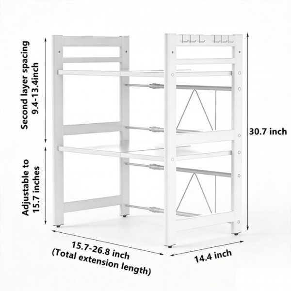 stusgo Extendable Microwave Shelf, Adjustable Toaster Oven Rack Kitchen Counter Top Organizer Stand, 3-Tier with 6 Hooks,110 lbs Weight Capacity, white