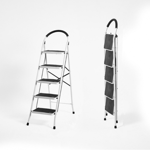 stusgo 5 Step Steel Ladder Folding Step Stool with Tool Holder for Easy Use-White
