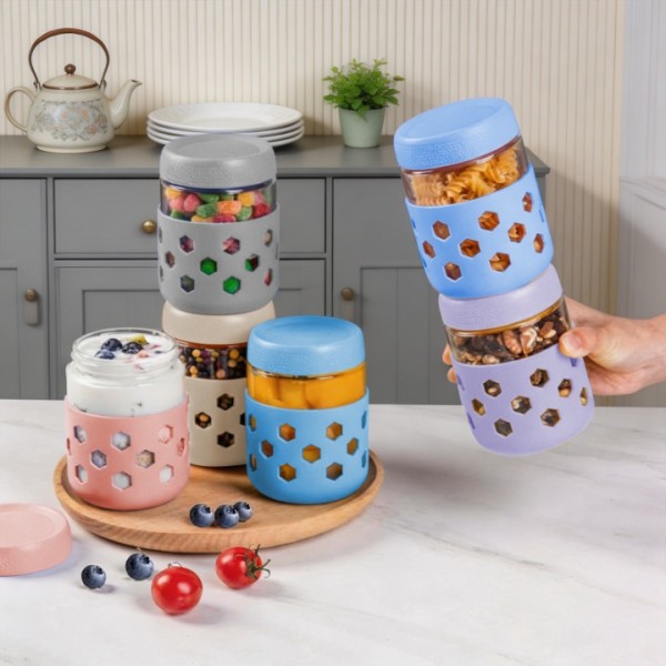 stusgo 6 Pack 16 Oz Glass Overnight Oats Containers with Lids and Silicone Sleeves, Glass Mason Jars