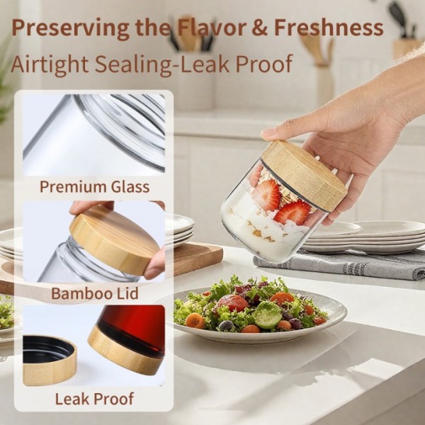 stusgo 4 Pack 10 Oz Glass Overnight Oats Containers with Bamboo Lids, Glass Overnight Oats Jars