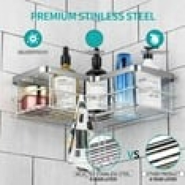 stusgo Corner Shower Caddy 2 Pack, Bathroom Shower Organizer Shelves, No Drilling Corner Shower Shelves Shampoo Holder with 8 Hooks and 6 Adhesives（Silver Gray）