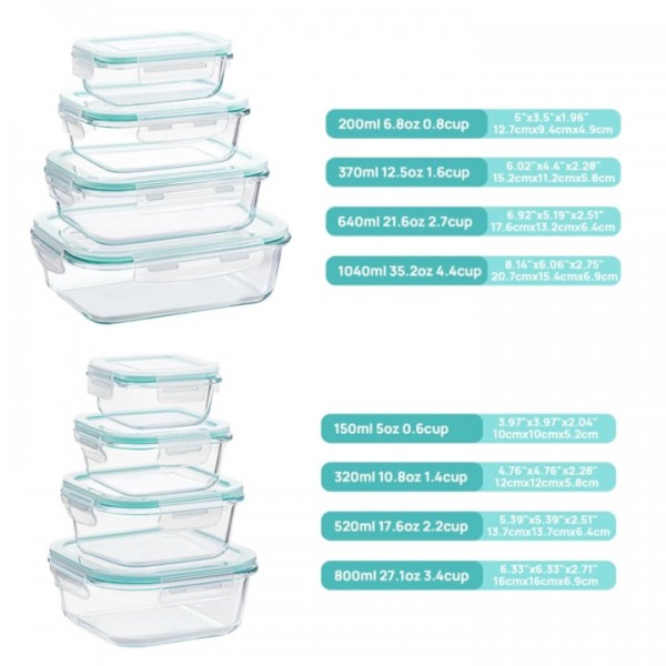 stusgo 16 Pcs Glass Food Storage Containers with Lids, Airtight BPA-Free Leakproof Meal Prep Containers, Microwave Oven Freezer Dishwasher Safe Stackable Lunch Boxes（8 Pack,Green）
