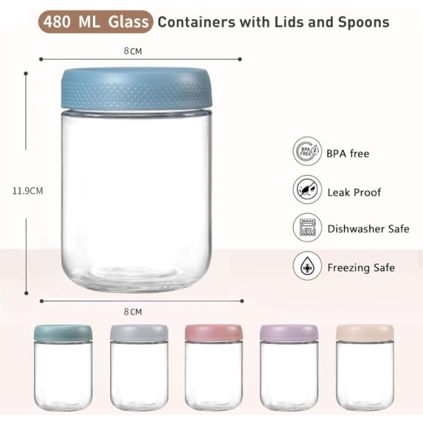 6 Pack 16 oz Overnight Oats Container Jar with Screw Lid - Wide Mouth Mason Salad Jars, Airtight Glass Food Storage Containers for Yogurt Spice Snacks Sugar（480ml）