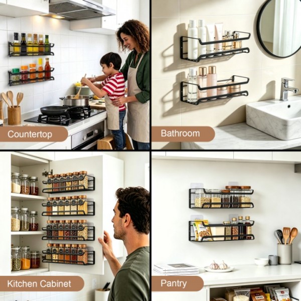stusgo 4-Tier Spice Rack Organizer for Cabinet Door, Wall Mount with Adhesive or Screws, Black