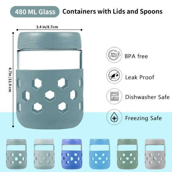 stusgo 6 Pack 16 Oz Glass Overnight Oats Containers with Lids and Silicone Sleeves, Glass Mason Jars