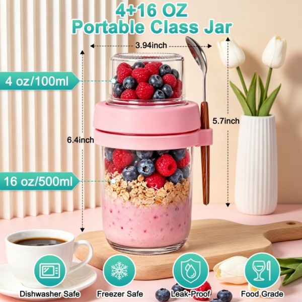 stusgo 2 Pack Glass Overnight Oats Containers with Lids & Spoons, 20oz Leakproof Meal Prep Jars for Yogurt, Granola, Salad, Portable & Dishwasher Safe