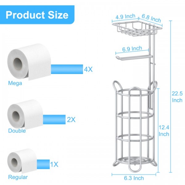 stusgo Inserted Tube Upgraded Toilet Paper Holder Free Standing, Stable Portable Stainless Steel Toilet Paper Roll Storage Rack, Toilet Paper Roll Dispenser with Top Storage Shelf for Bathroom-silver
