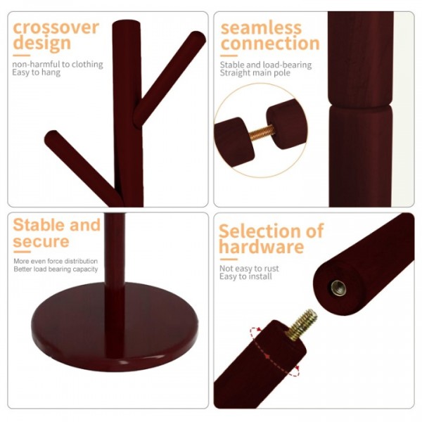 stusgo Coat Rack Freestanding,Wood Coat Tree with 8 Hooks and 3 Adjustable Section Height for Bedroom（Round Base，Dark Walnut）