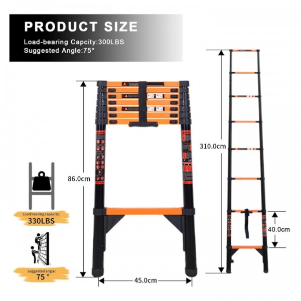 stusgo 10.2FT Telescoping Ladders, 3.1M Carbon Steel Extension Ladder, Heavy Duty 330lbs Capacity