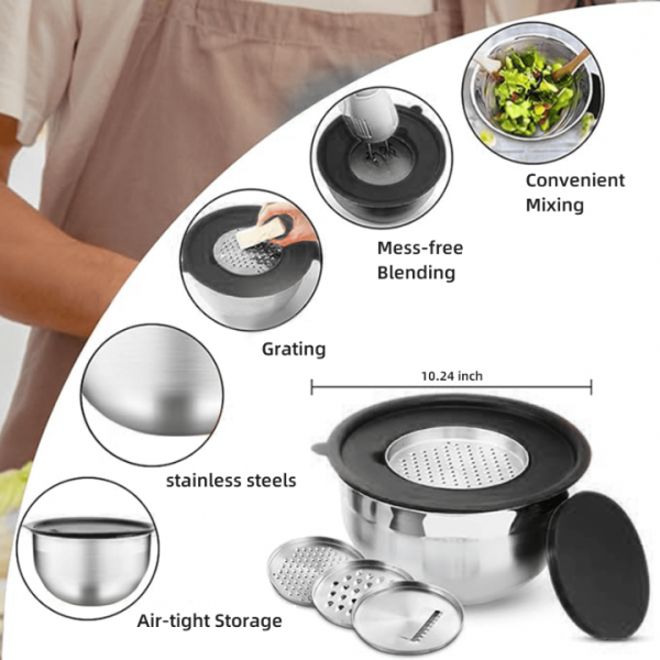 stusgo 7 Pcs Mixing Bowls with Lids （5、4、3、2、1.5、1、0.75Q），21 Pcs Stainless Steel Mixing Bowls Set-Black