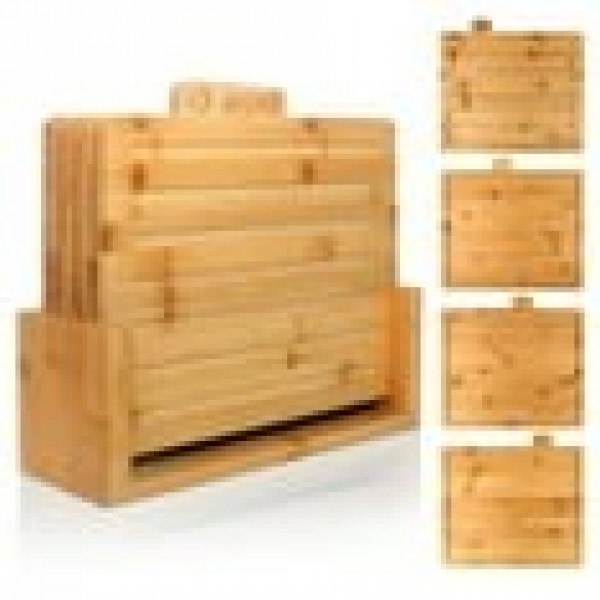 stusgo Bamboo Cutting Board Set with Stand,32cm 4 piece Kitchen Chopping Boards with Juice Grooves