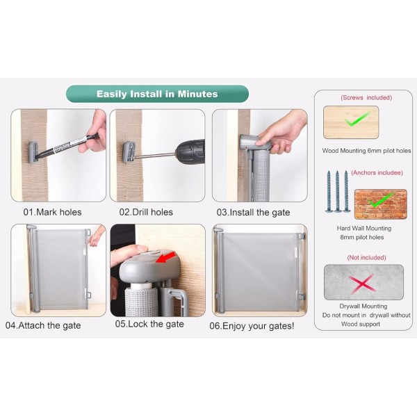 stusgo Retractable Baby Gate 33"x55"- Retractable Dog Gate, Extra Wide Safety Mesh Gate Pet Gate for Stairs Doorways Hallways Indoor and Outdoor (Grey)