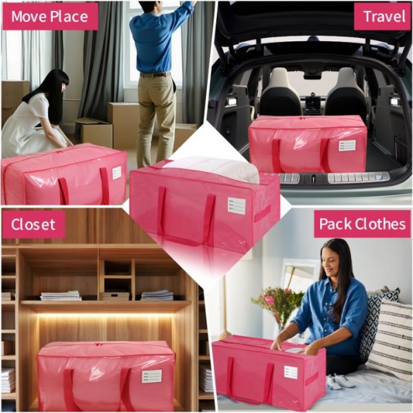 stusgo 6 Pack Extra Large Moving Bags Heavy Duty with Zippers & Carrying Handles, Moving Boxes Alternative, Packing Supplies, Large Storage Bags Totes for Space Saving(Pink)