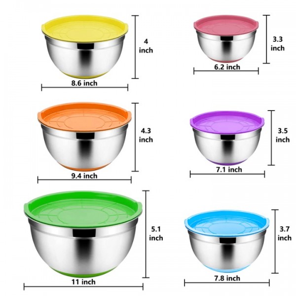 stusgo 6 Pcs Mixing Bowls with Lids,Stainless Steel Mixing Bowls,Colorful Non-Slip Bottoms,Including Kitchen Utensils,Mixing Bowl Set for Kitchen Mixing Baking Prepping Cooking Serving