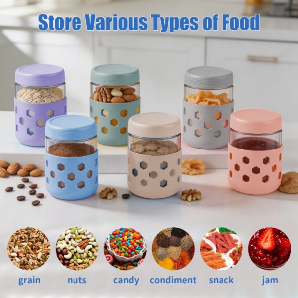 stusgo 6 Pack 16 Oz Glass Overnight Oats Containers with Lids and Silicone Sleeves, Glass Mason Jars