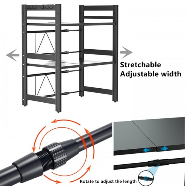 stusgo Extendable Microwave Shelf, Adjustable Toaster Oven Rack Kitchen Counter Top Organizer Stand, 3-Tier with 6 Hooks,110 lbs Weight Capacity, Black