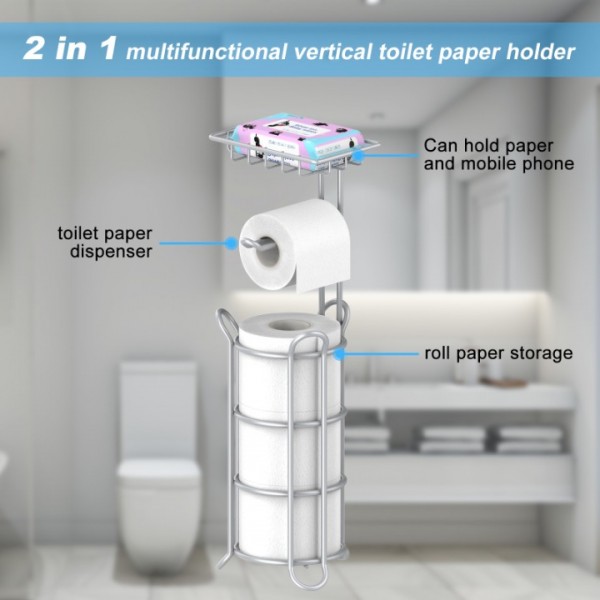 stusgo Inserted Tube Upgraded Toilet Paper Holder Free Standing, Stable Portable Stainless Steel Toilet Paper Roll Storage Rack, Toilet Paper Roll Dispenser with Top Storage Shelf for Bathroom-silver