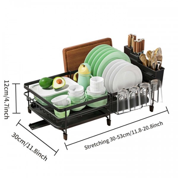 stusgo Retractable Over The Sink Dish Drying Rack with Drainage, Stainless Steel Large Multi-Functional Cutlery Rack, Kitchen Counter Organized Single-Layer Black Rust-Proof Cutlery Rack