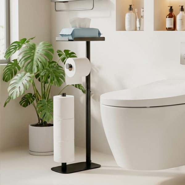 stusgo Black Toilet Paper Holder Free Standing with Shelf, Freestanding Toilet Paper Holders with Storage & Phone Shelf, Modern Standing Toilet Paper Holder for Bathroom, Tissue Holder Stand
